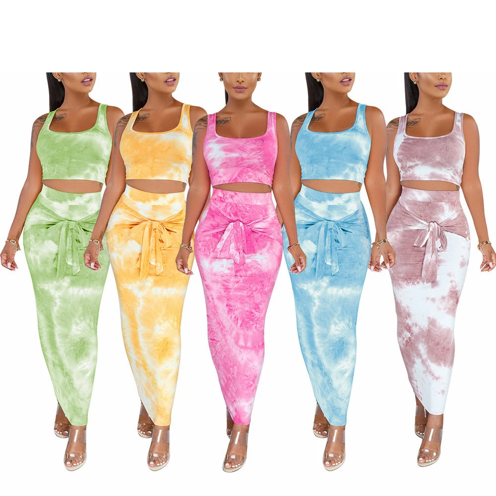 

2020 Fashion Tie Dye Skirt And Crop Top Set Slim Two Piece Set Women Clothing