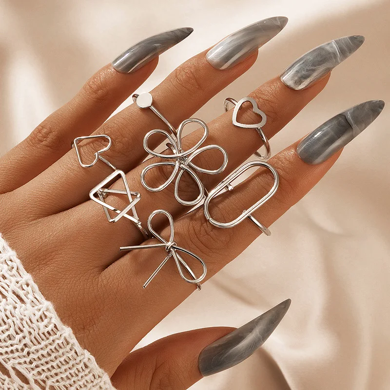 

7 Pcs/set punk exaggerated geometric flower party ring for women bow heart stacked finger rings, Silver plated