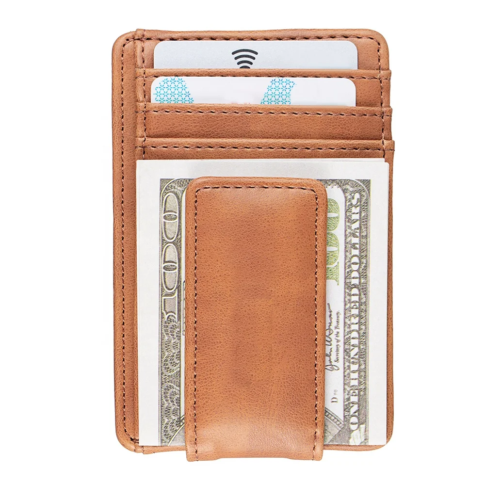 

Slim RFID Blocking Vintage Brown Mini Designer Custom Wallets Leather Men with Money Clip