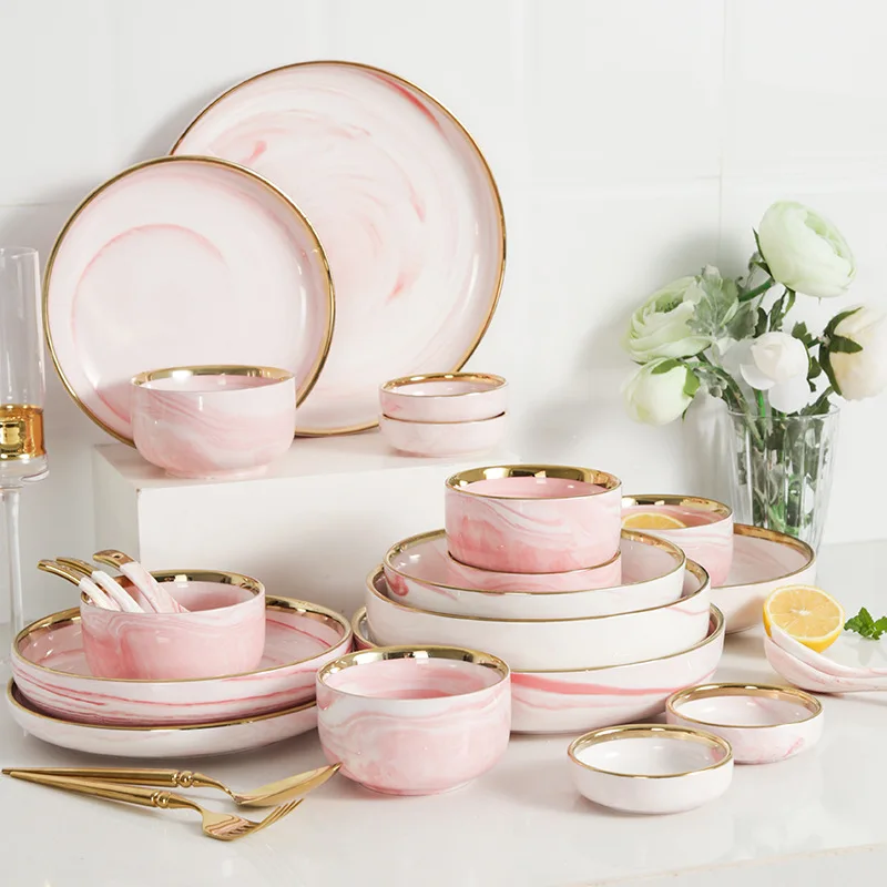 

Ceramic luxury marble pink design crockery dinnerware set plates sets dinnerware for wedding