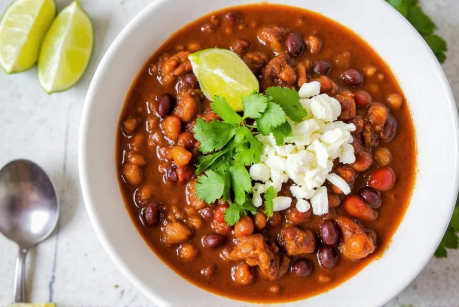Serving bowl of beanless chili with toppings including queso fresco, cilantro, and lime wedges