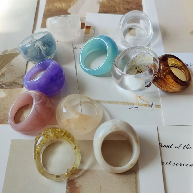 

Chic Summer Marble Pattern Geometric Acrylic Chunky Rings Colorful Transparent Resin Band Rings Jewelry Women, As pictures