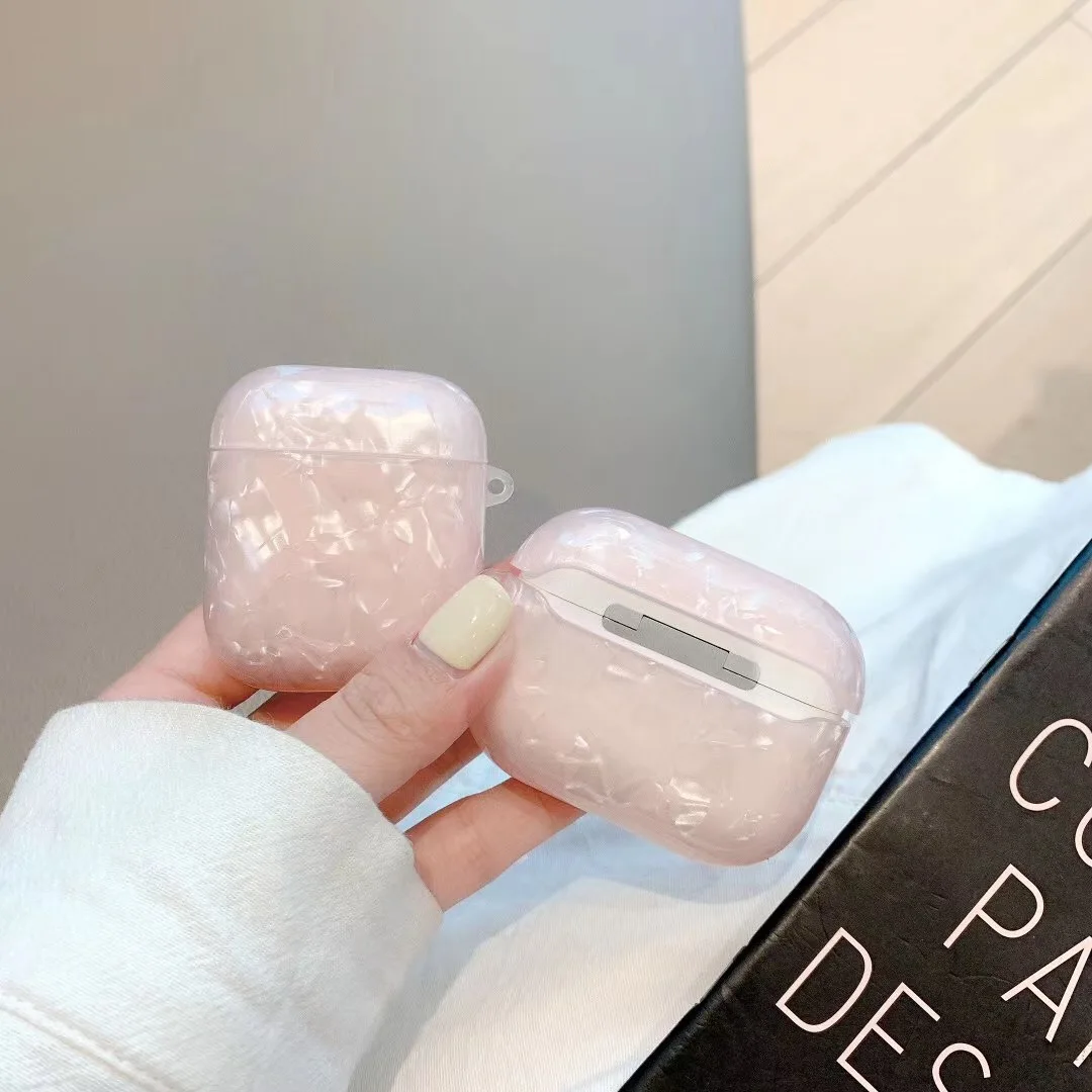

Fashion Shiny Conch Shell Pattern Designer Earphone Cases For Apple Airpods 2 and Pro with Clip Pink Marble