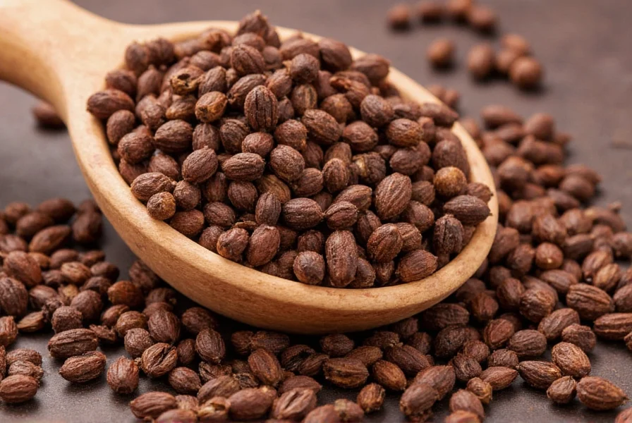 Close-up photograph of whole allspice berries showing their dark brown color and spherical shape against a wooden spice rack