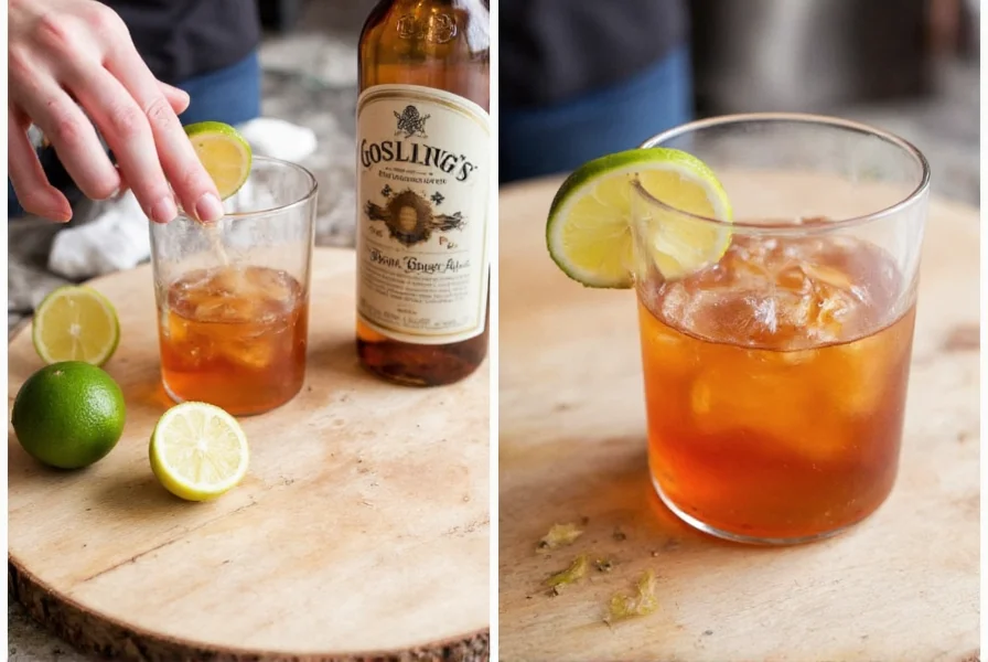 Step-by-step preparation of a low calorie Dark 'N Stormy cocktail using Gosling's rum and diet ginger ale