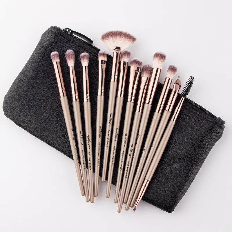 

Anmor 12Pcs Professional Eyeshadow Make Up Brush Set With Bag Private Label Cosmetic Makeup Brush, Black, silver, gray, pink