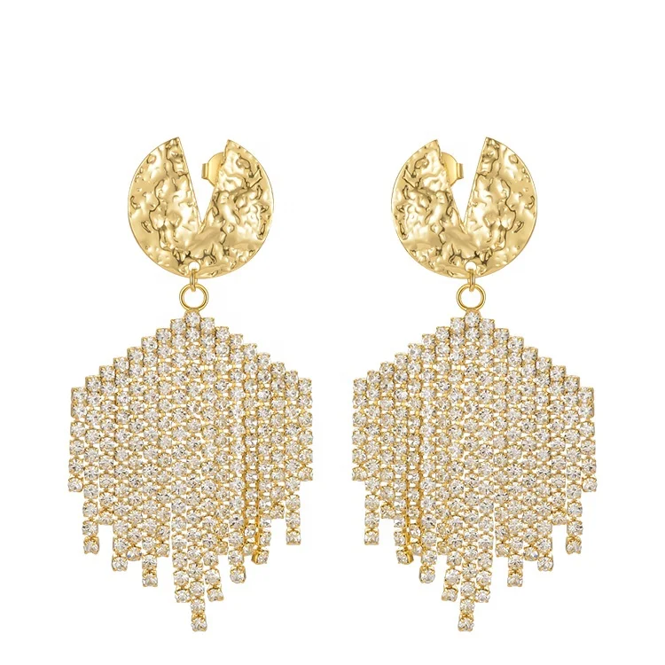 

Latest High Quality 18K Gold Plated Brass Jewellry Metal Fold Round Crystal Tassel Drape Statement Earrings E211236