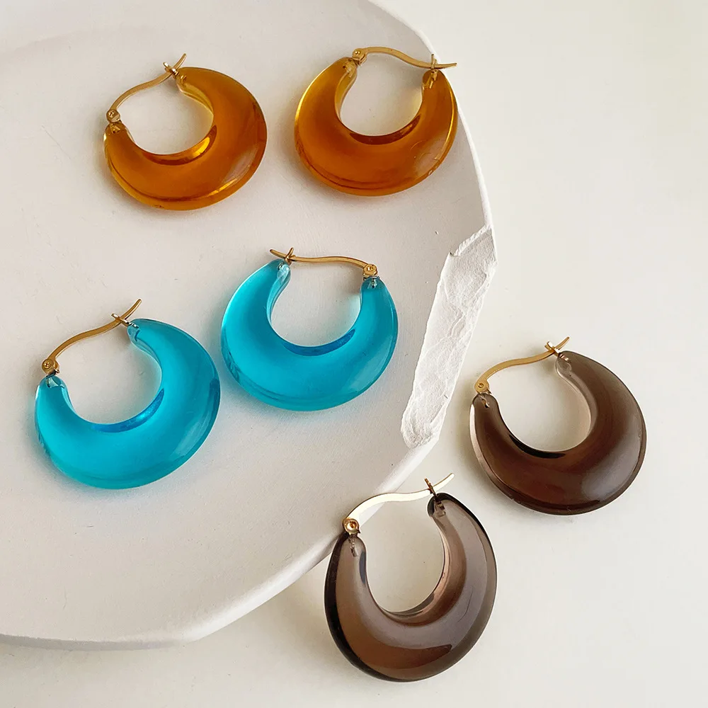 

OUYE women French vintage resin round designer earrings wholesale jewelry fashion personality custom C shape hoop earrings, Colorful