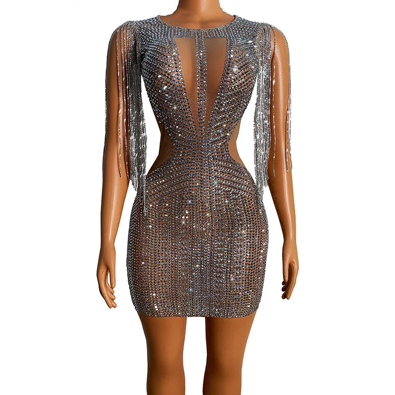 

Y2002 Sparkly Rhinestone Fringe Transparent Short Dress girl Birthday Outfits for Women sexy Evening Dress vestidos de fiesta