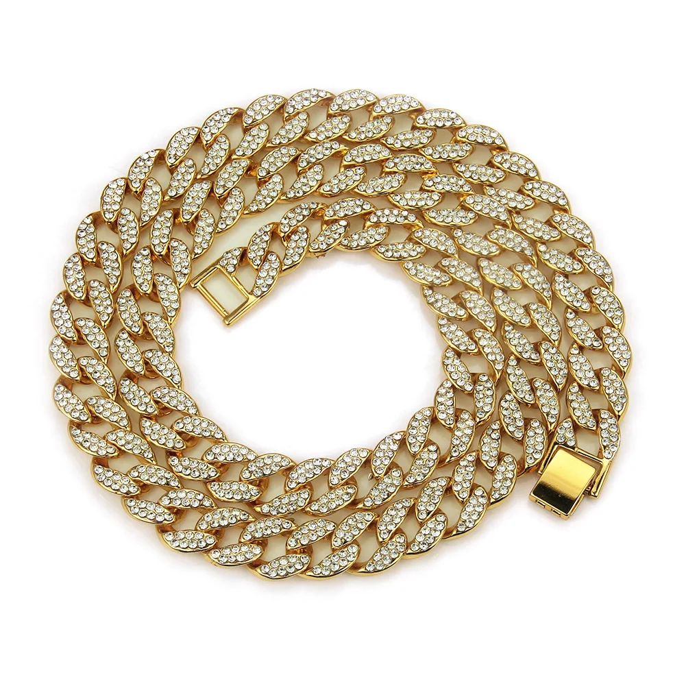 

European Top Selling Men's Punk Bling Hips Hops Rap Jewelry 15mm Gold Plating Full Crystal Miami Cuban Chain Necklace