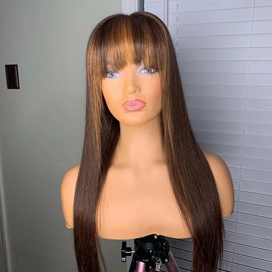 

Preplucked Fringe Wig Glueless Highlights 360 Lace Frontal Human Hair Wigs with Baby Hair Straight Blonde Lace Wigs with Bangs, Natrual color wig
