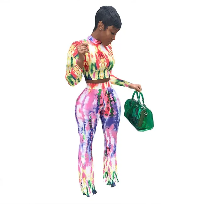 

Trendy knit tie dye short top with pant set 2 piece set fall clothing for women two ppiece pants set