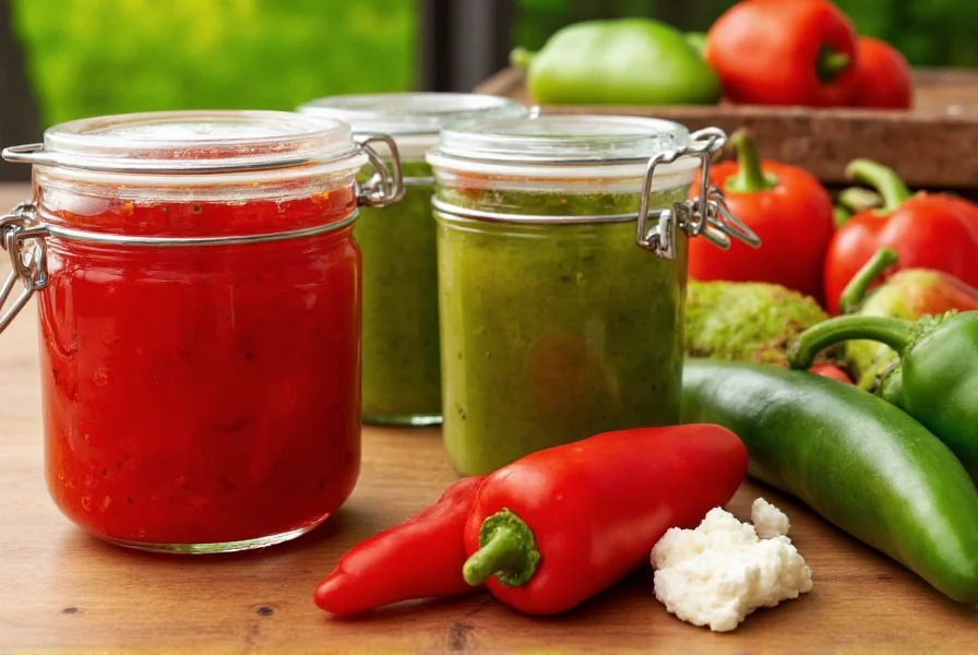 Close-up of red and green pepper jelly jars with fresh peppers and cream cheese