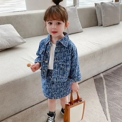 

2021 New Boutique Spring autumn toddler Girls 2 pcs jeans clothing letter jacquard denim jacket + skirt Clothing Set for kids, Picture shows
