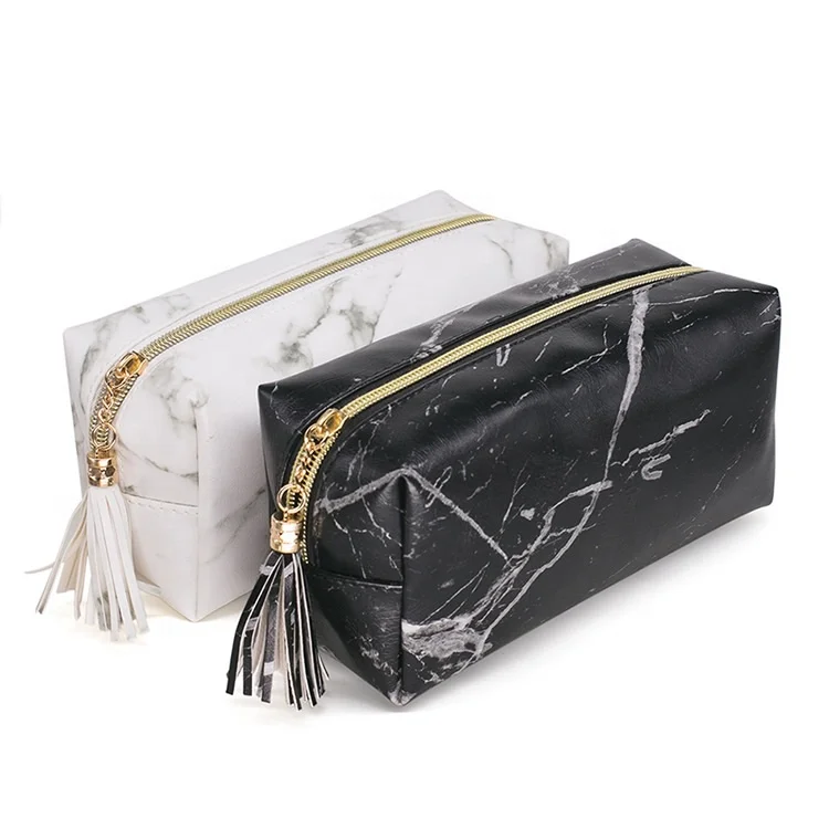 

2020 new fashion private label PU leather marble makeup bags with custom logo travel cosmetic bag for women, Black,white
