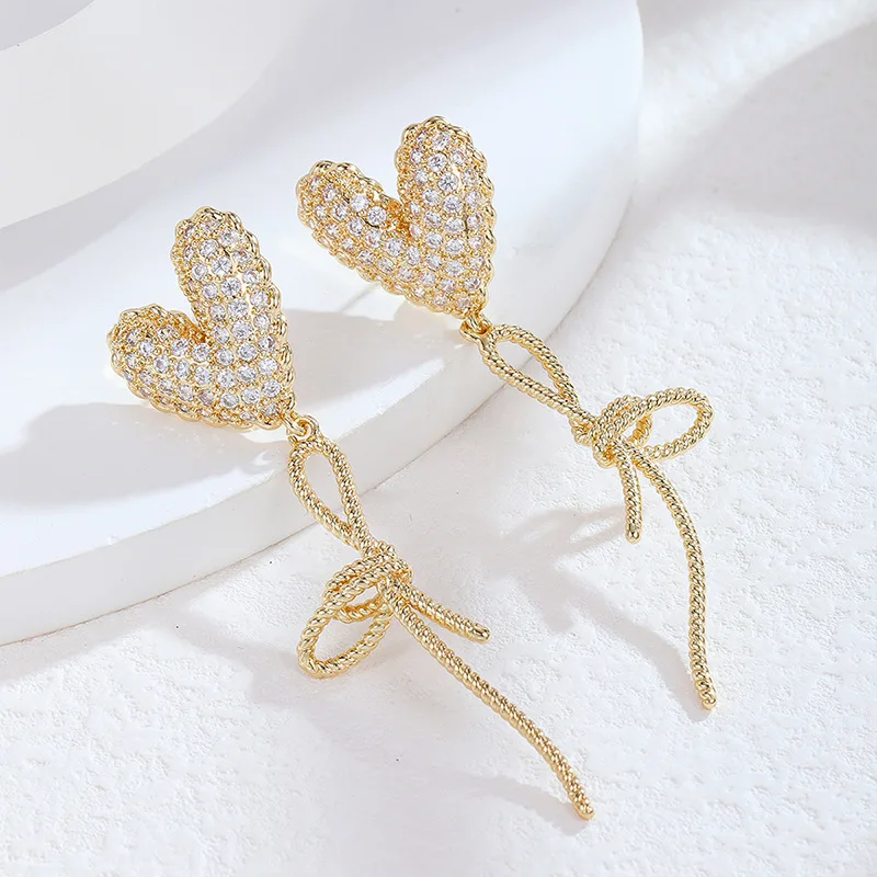 

Personalized 18K Real Gold Plating Full Diamond Heart Earrings Bling Bling Cubic Zircon Heart Bowknot Statement Earrings
