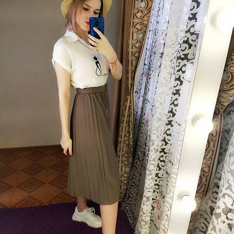 

High Waist Women Skirt Casual Vintage Solid Belted Pleated Midi Skirts Lady 11 Colors Fashion Simple Skirt