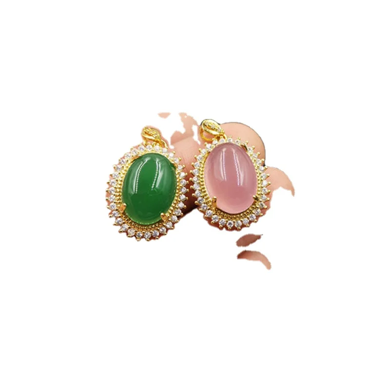 

925 Silver Inlaid Ice Green Chalcedony Egg-Shaped Pendant Diamond Inlaid Pink Agate Pendant Jade Pendant