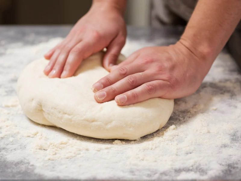 Hands kneading smooth pizza dough on floured surface