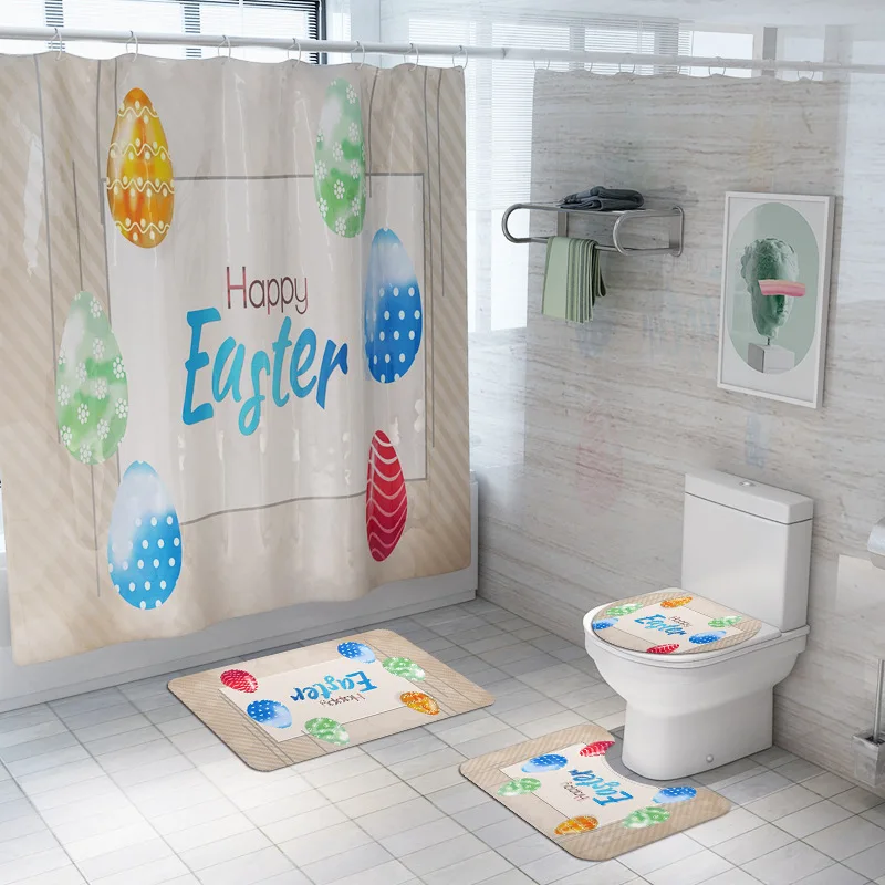 

Amazon Hot Sale Polyester Easter Shower Curtains For Bathroom, Toilet Seat Four-Piece Bathroom Rug Sets/