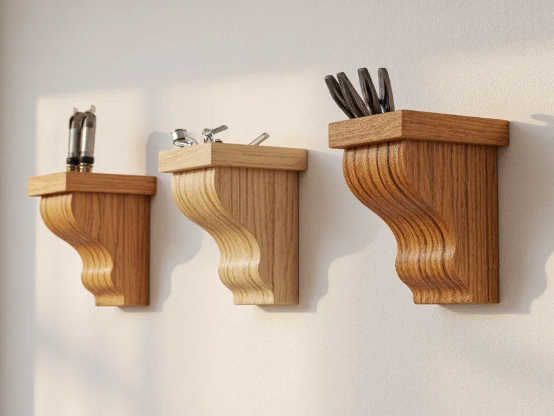 Three different wood bracket styles mounted on wall with tools
