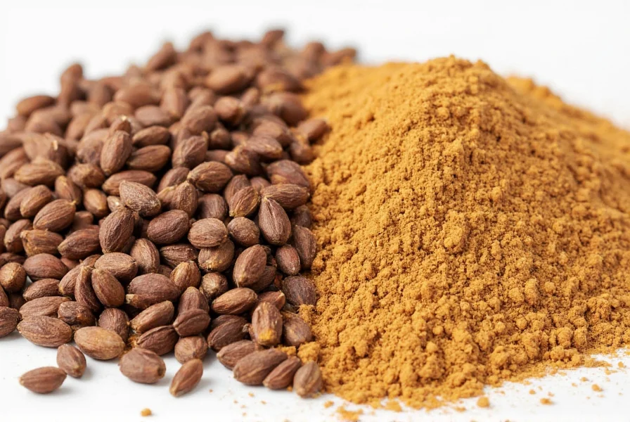 Close-up photography of whole cumin seeds next to ground cumin powder showing texture difference