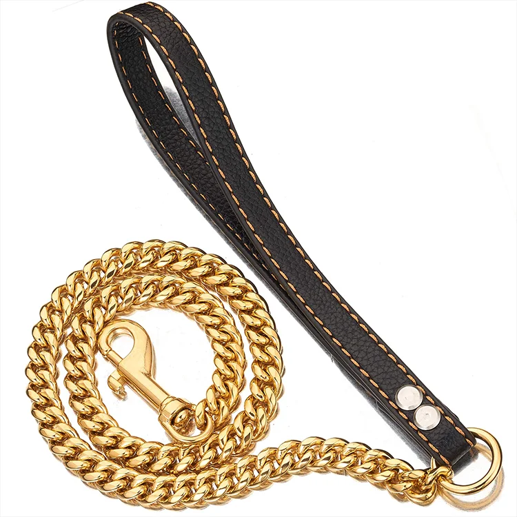 

18K gold Bully dogs Doberman 19mm Cuban link Chain High Quality stainless steel metal gold Dog Leash