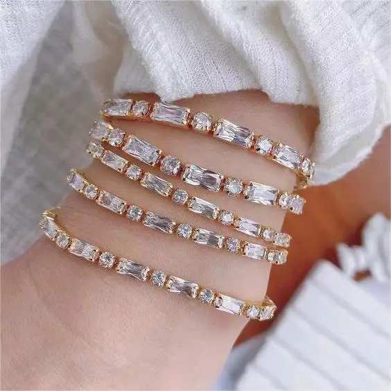 

Hip Hop Women Jewelry Iced Out Gold Plated CZ Baguette Diamond Link Bracelet Adjustable Icy Cubic Zirconia Tennis Bracelets