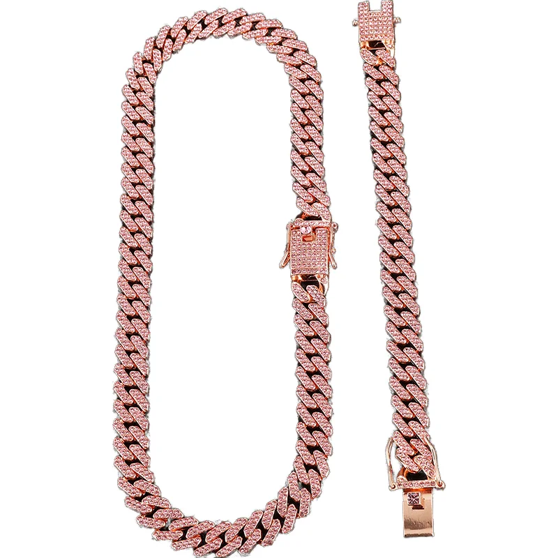

New 12mm Cuban Chain Men's Necklace Rose Gold Pink Full Diamonds Rapper Hip hop Male Choker Jewelry
