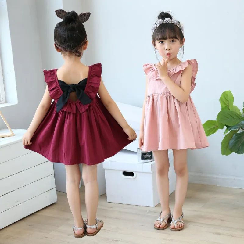 

Summer New Fashion Baby Girls Dress Beach Style Lace Splicing Solid Color Dress Bow Backless Princess Girls Dress, As the pictures show
