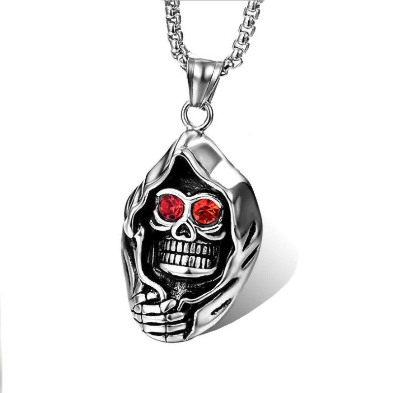 

surgical stainless steel skull pendant punk men's jewelry European and American supply ghost head ruby necklace male