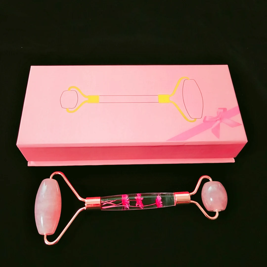 

2021 hot selling beauty facial anti aging pink rose quartz lifting massage flower handle jade face roller with box