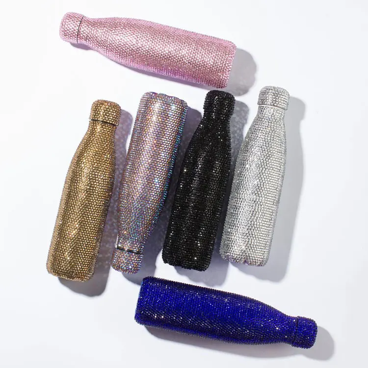 

2021 new design new year custom shinny glitter bling diamond stainless steel rhinestone water bottle for gifts, Silver/gold/pink