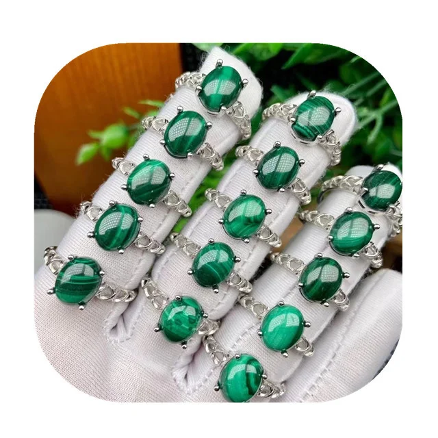 

Wholesale adjustable crystals jewelry healing stones natural oval shaped green malachite crystal rings for gift