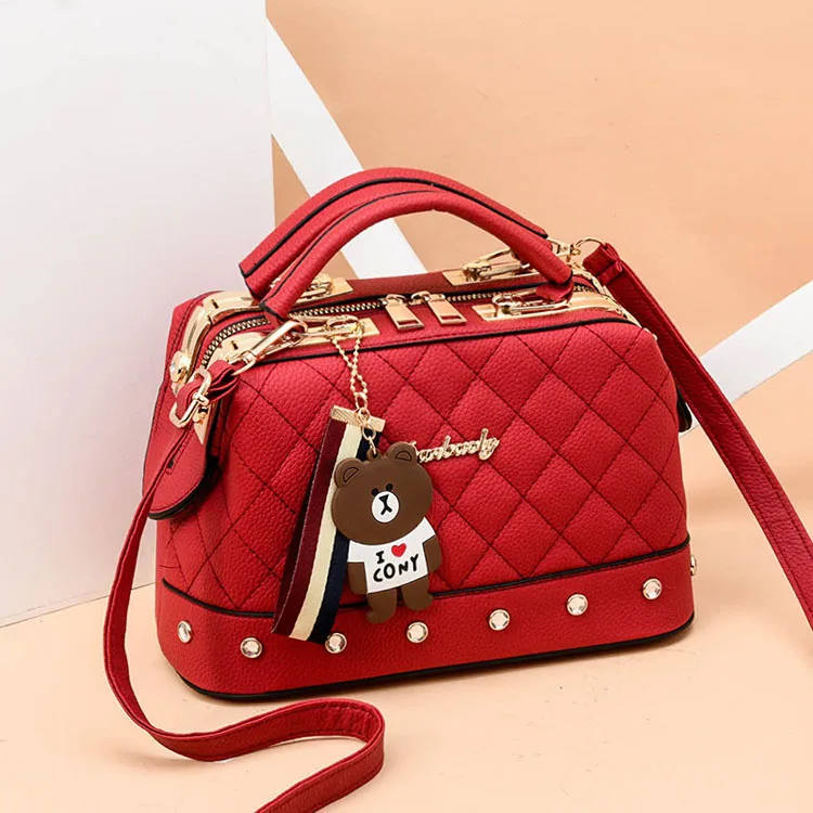 

High Quality Lichee Leather red Purses And Handbags Metal Pendant Luxury Tote Handbags For Women, 7 colors