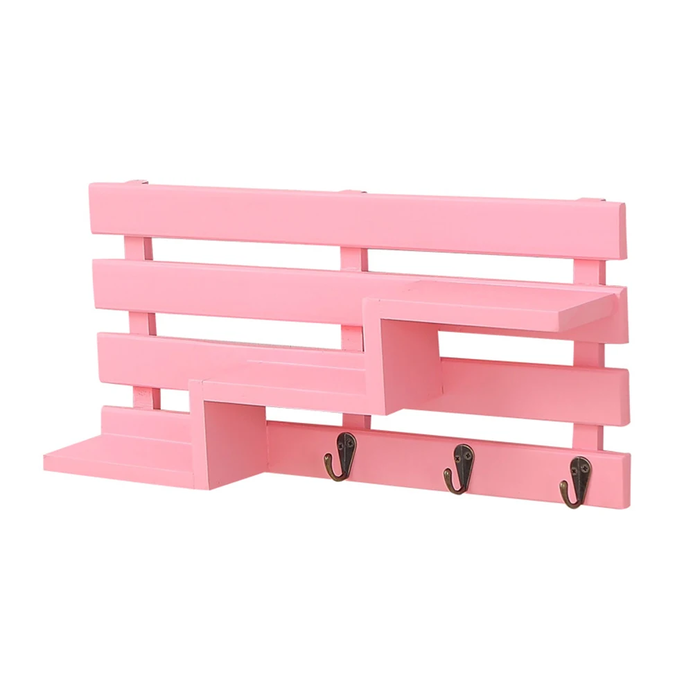 

Customizable Wall-Mounted Rustic Vintage Wooden Tiered Accent Display Shelf w/ 3 Key Hooks for Entryway, Natural color & blue color etc.