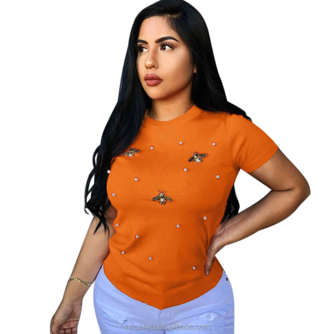 

European and American women's 2021 summer new beaded butterfly round neck large size T-shirt solid color fashion short-sleeved h