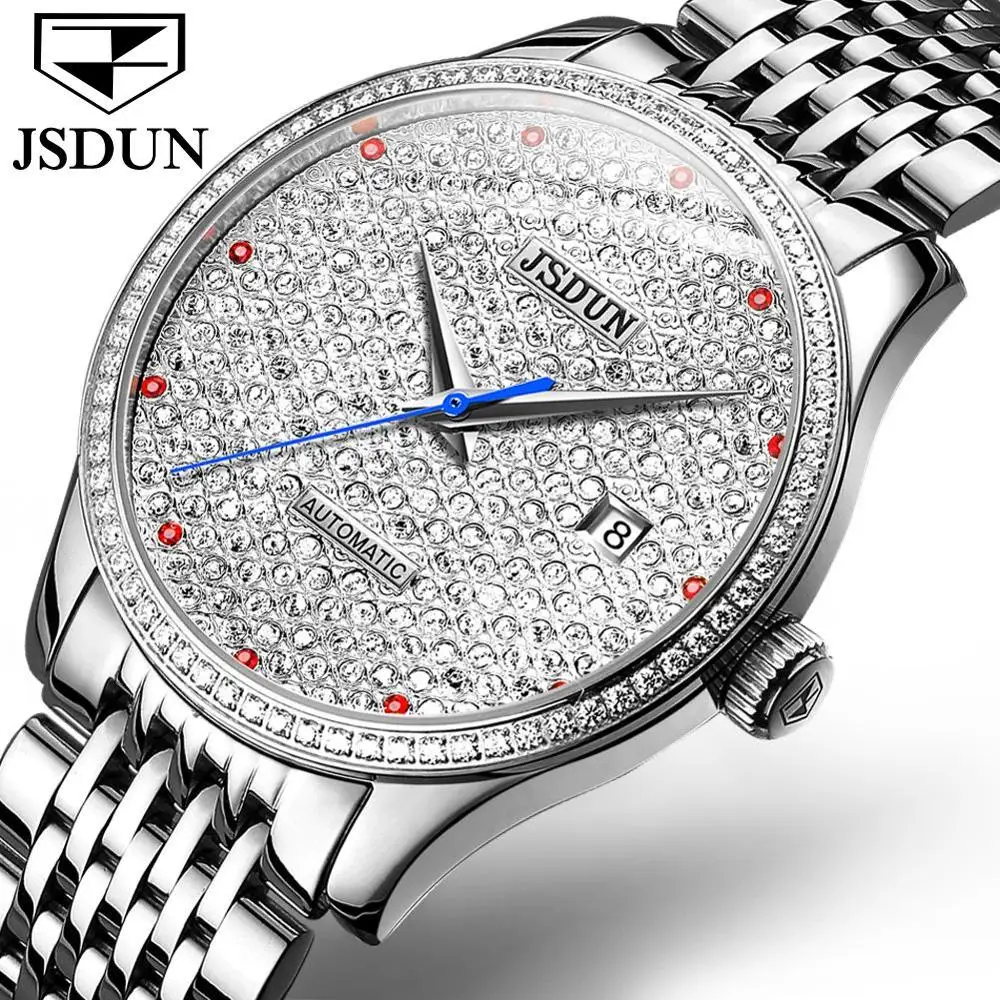 

Men Diamond Watch JSDUN Automatic Mechanical Water Resistant Stainless Steel Band Watch For Men Fashion Business Montre Homme, 2 colors