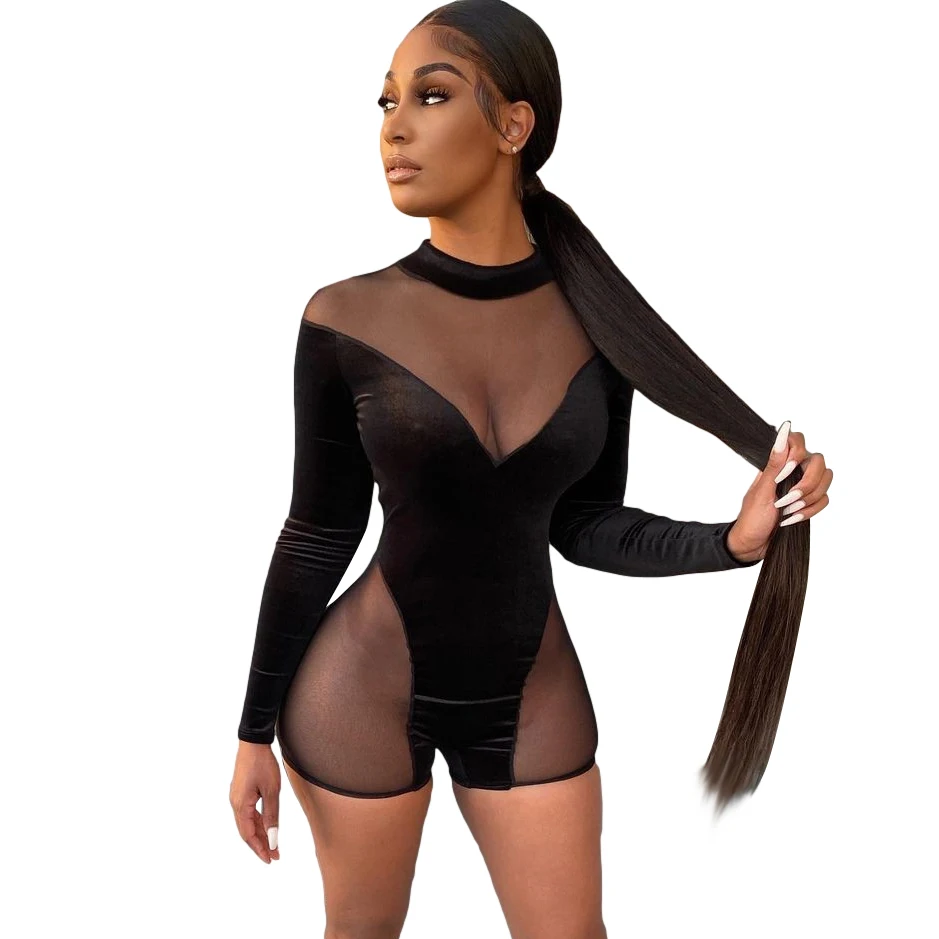 

Perspective Stitching Mesh Long Sleeve Birthday Jumpsuit Romper Playsuit 2021 Sexy Black Fall Womens Jumpsuits