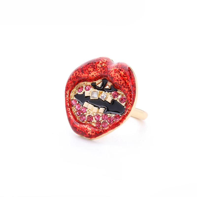 

jz00260 Punk Rock Style Red Lips Mouth Enamel Crystal Resin Jewelry Fashion Charm Statement Rings for Women