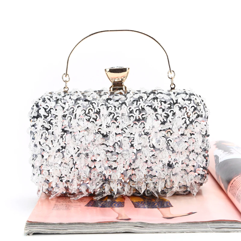 

Luxurious Crystal Beads Sparkling Evening Clutch Bag Sequins Handmade Purse Wedding Party Prom, Black gold silver navy pink white