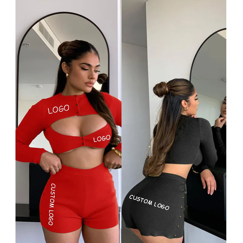 

Free shipping Custom Logo Jogger hollow out Crop Top And Short Set Casual long sleeves Two Piece Set, Color avaliable