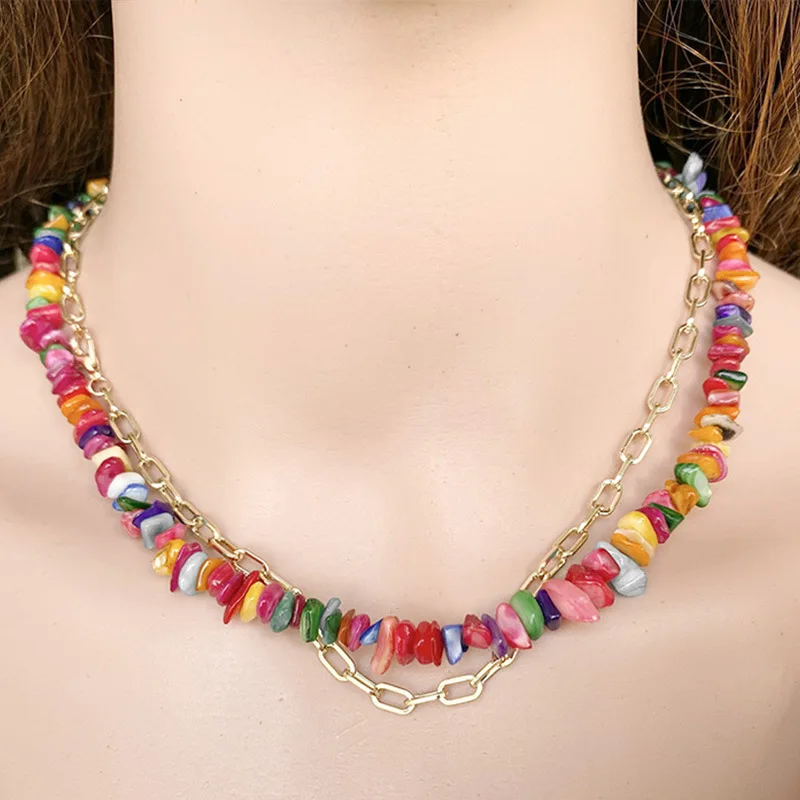 

OUYE Wholesale new fashion jewelry girl personality ins color natural stone retro bohemian necklace for women