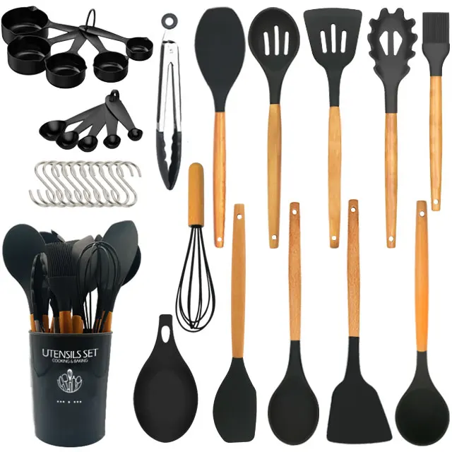 

Kitchen Utensils Set 24 Pieces Non-Stick Wooden Handle Silicone Cooking Kitchen Utensils Set Kitchen Gadget Set Kitchenware, Black + silver