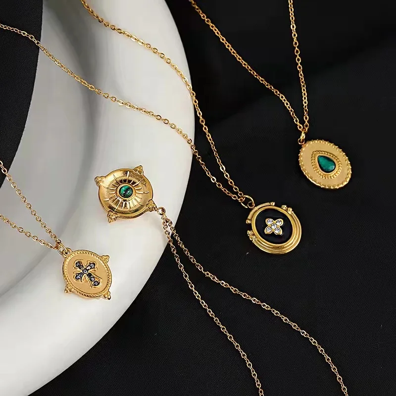

High Quality PVD Plated Stainless Steel Chain Pendant Necklace Vintage Cross Stone Couple Necklace Jewelry