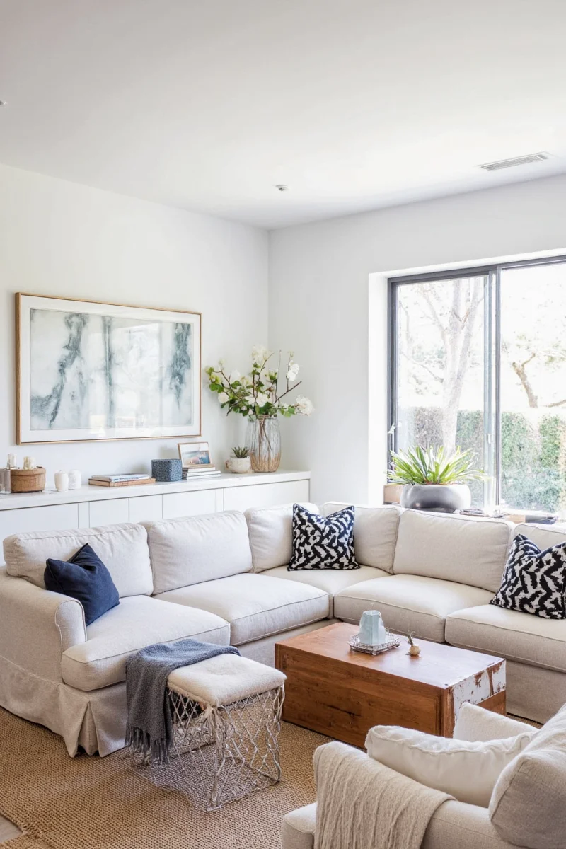 Light-colored rug complementing a white sofa