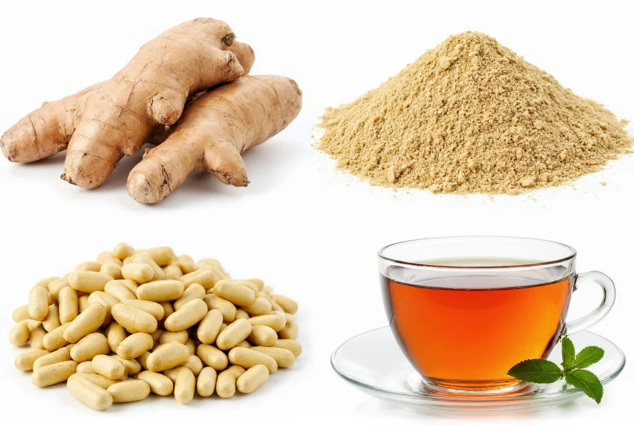 Variety of ginger preparations including fresh root, powder, capsules, and tea