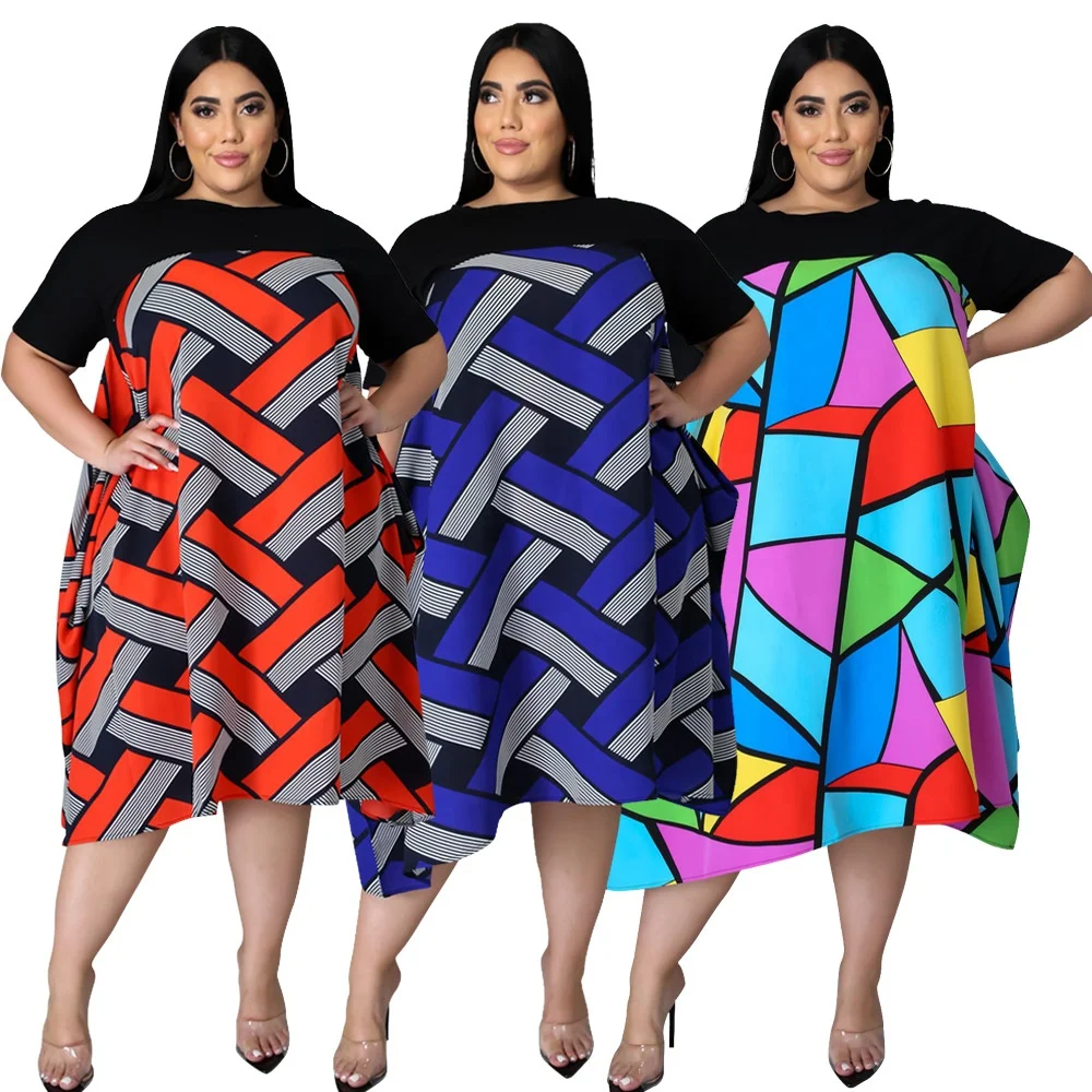 

Spring/Summer 2021 New Arrivals Fashion Print Big Swing Dress Women Casual Round Neck Short Sleeve Plus Size Dress, Shown