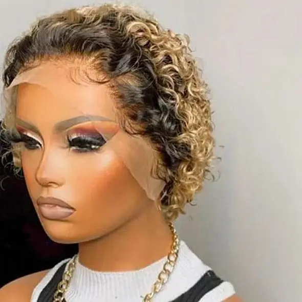 

2021 hot selling pixie curls frontal wig lace front color short bob wig 100% human hair wig brazilian hair for black women