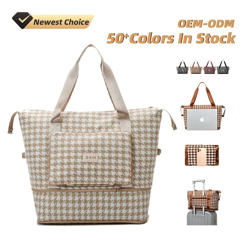 

5 Colors Woven Houndstooth Dry Wet Sac Bolsa Foldable Duffel Women Gym Tote Travel Handbag Bag with Luggage Trolley Holder